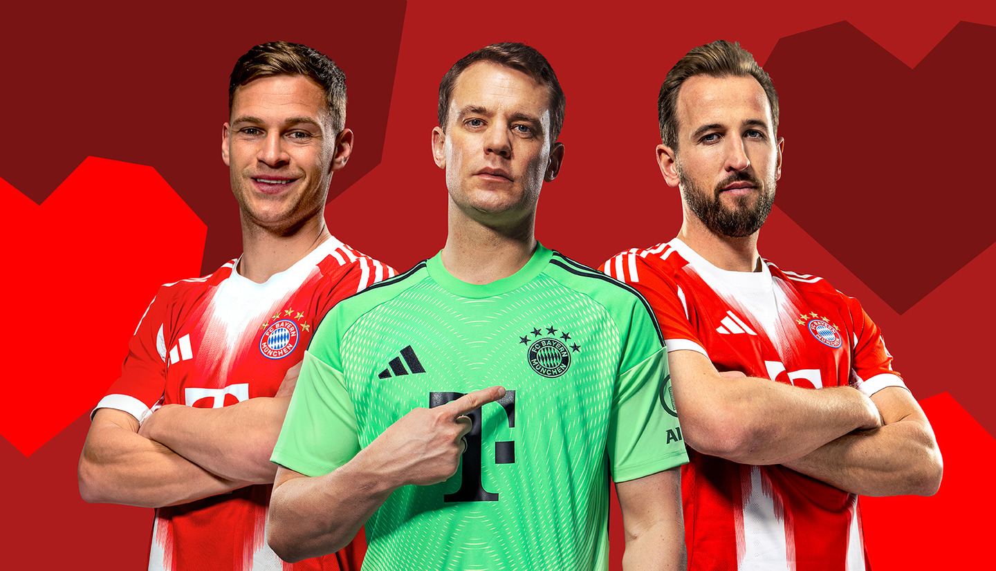 Three football players are standing side by side, each wearing a Bayern Munich jersey. The player on the left has short brown hair, the goalkeeper in the center is wearing a green kit, and the player on the right has a beard. The background is a vibrant red.